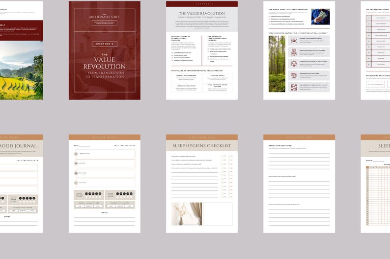 May include: A set of printable worksheets with titles like "Mood Journal", "Sleep Hygiene Checklist", and "The Value Revolution". The worksheets are designed to help people improve their mental and physical well-being.