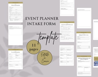 May include: An 11-page event planner intake form template, editable in Canva. The template is designed to help event planners gather information from clients. The template includes sections for event information, services and preferences, budget for the event, and additional information and questions.