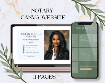 May include: A laptop computer screen displaying a website design for a notary service. The website has a green and white color scheme and includes a section titled "Our Services" and another section titled "Get in Touch with Us". The laptop is sitting on a marble surface with green foliage in the background. The text "11 Pages" is displayed below the laptop.