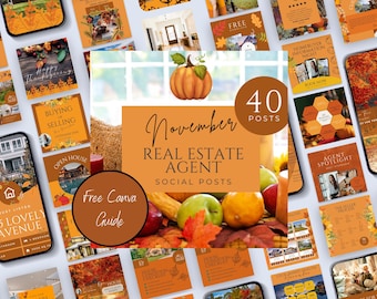 May include: A collage of 40 social media post ideas for real estate agents, featuring a fall theme with pumpkins, leaves, and a free Canva guide. The text "November Real Estate Agent Social Posts" is featured in the center of the collage.