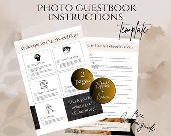 May include: A printable photo guestbook template with instructions for guests to use a Polaroid camera. The template is editable in Canva and includes a welcome message, four steps for guests to follow, and a thank you message. The template is free and includes a Canva guide.
