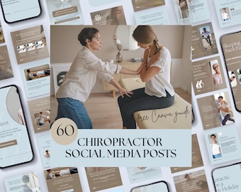May include: A collection of 60 social media posts for chiropractors, featuring a woman receiving treatment. The posts are displayed on various devices, including smartphones. The text includes "Chiropractor Social Media Posts" and "free Canva guide."