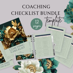Può includere: Un modello di pacchetto di checklist di coaching con 12 pagine. Le pagine sono decorate con motivi floreali dorati e verdi. Il testo "Coaching Checklist Bundle Template" è scritto in nero su sfondo bianco. Il testo "12 pages" è scritto in bianco su sfondo verde.