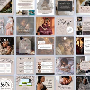 May include: A collage of images related to doula services. The images include a doula holding a newborn baby, a pregnant woman, and a variety of text-based graphics. The text includes phrases like "Doula Power!" and "Reasons to Try Breastfeeding".