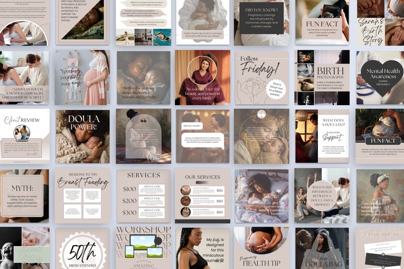 May include: A collage of images related to doula services. The images include a doula holding a newborn baby, a pregnant woman, and a variety of text-based graphics. The text includes phrases like "Doula Power!" and "Reasons to Try Breastfeeding".