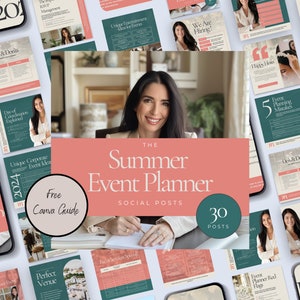 Op de afbeelding: Een collage van social media post-sjablonen voor een zomerse evenementenplanner. De sjablonen zijn in een perzik- en teal kleurenschema en bevatten tekst die "The Summer Event Planner" en "30 Posts" zegt.