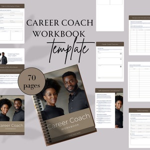 May include: A brown and black spiral bound workbook with the title "Career Coach Workbook" and a photo of a couple on the cover. The workbook has 70 pages and is a template for career coaching.