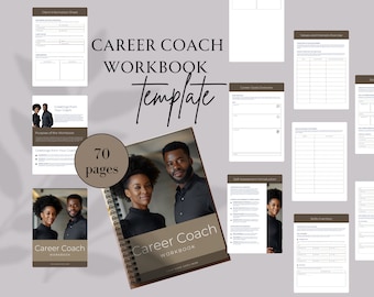 Op de afbeelding: Een bruin en zwart spiraalgebonden werkboek met de titel "Career Coach Workbook" en een foto van een stel op de omslag. Het werkboek heeft 70 pagina's en is een sjabloon voor loopbaanbegeleiding.