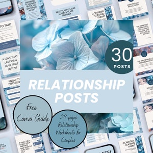 Op de afbeelding: Een verzameling van 30 social media berichten voor relaties, met blauwe hortensia's en tekst over communicatie, ruzies en samen groeien. De afbeelding bevat ook een gratis Canva-gids en 29 pagina's met relatiewerkbladen voor koppels.