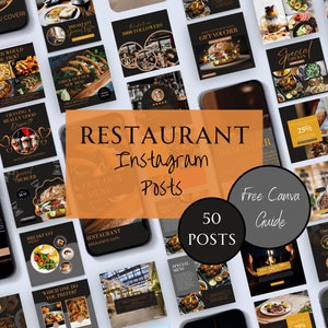 Può includere: Un collage di 50 modelli di post di Instagram per ristoranti, con immagini di cibo, bevande e interni di ristoranti. I modelli sono progettati in uno schema di colori nero e oro con un'estetica moderna e minimalista. Il testo "RESTAURANT Instagram Posts" è visualizzato in un carattere grande nella parte superiore del collage. Il testo "Free Canva Guide" è visualizzato in un carattere più piccolo nella parte inferiore del collage.