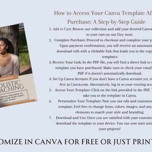 May include: A step-by-step guide on how to access a Canva template after purchase. The guide includes instructions on adding the template to your cart, completing the purchase, receiving a link to the template, setting up a Canva account, accessing the template, personalizing it, and downloading it. The guide also includes a photo of a woman meditating in a forest.