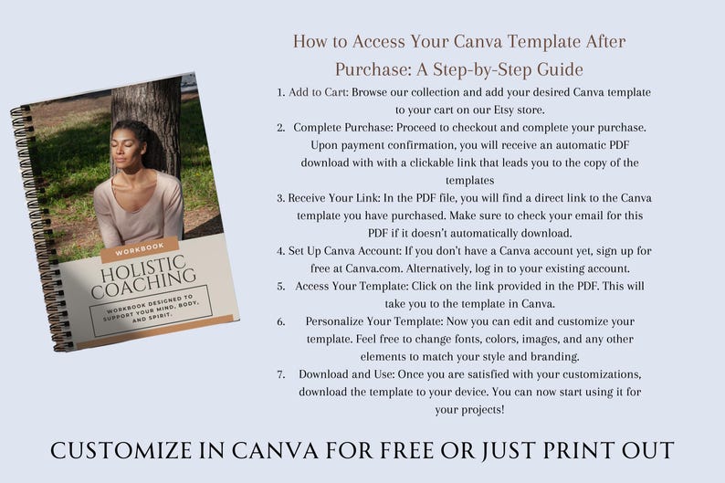 May include: A step-by-step guide on how to access a Canva template after purchase. The guide includes instructions on adding the template to your cart, completing the purchase, receiving a link to the template, setting up a Canva account, accessing the template, personalizing it, and downloading it. The guide also includes a photo of a woman meditating in a forest.