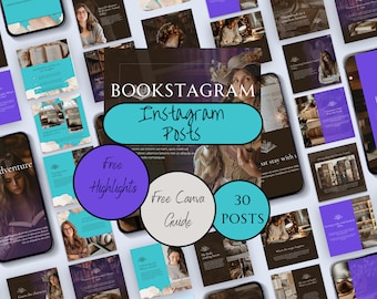 May include: A turquoise and purple graphic design with the text "BOOKSTAGRAM Instagram Posts" and "Free Highlights Free Canva Guide 30 POSTS". The graphic is surrounded by images of books, a woman reading, and a bookshelf.
