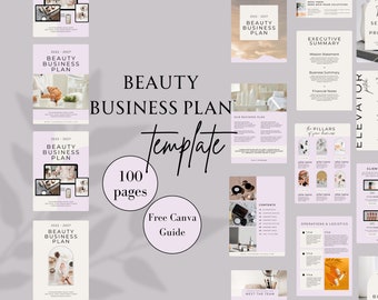 May include: A pink and white beauty business plan template with the text "BEAUTY BUSINESS PLAN TEMPLATE" and "100 pages" in a circle. The template includes a variety of pages, including an executive summary, financial notes, client resources, and operations and logistics.