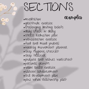 May include: A handwritten list of sections for a self-improvement journal with examples of activities for each section, including meditation, gratitude exercise, challenging limiting beliefs, daily check-in, stress reduction plan, visualization exercise, food and mood journal, weekly movement planner, sleep hygiene checklist, sleep tracker, purpose and values worksheet, personal growth, vision board exercise, career advancement, skill development plan, and a whole relationship part.