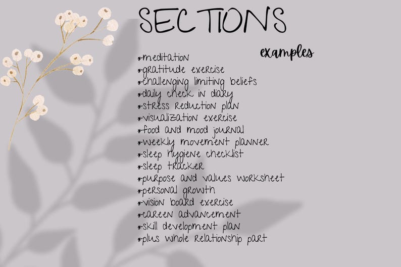 May include: A handwritten list of sections for a self-improvement journal with examples of activities for each section, including meditation, gratitude exercise, challenging limiting beliefs, daily check-in, stress reduction plan, visualization exercise, food and mood journal, weekly movement planner, sleep hygiene checklist, sleep tracker, purpose and values worksheet, personal growth, vision board exercise, career advancement, skill development plan, and a whole relationship part.