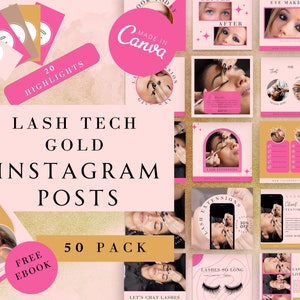May include: A set of 50 pink and gold Instagram post templates for lash technicians. The templates feature images of eyes, lashes, and lash extensions, as well as text about lash care, lash extensions, and lash services. The templates are designed to help lash technicians promote their business on Instagram.