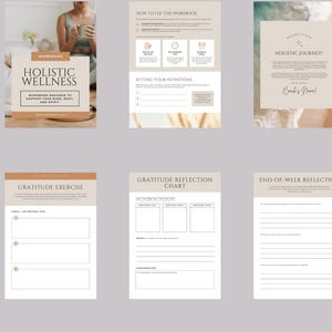 May include: A digital printable workbook with a beige background and brown text. The title is "Holistic Wellness" and the subtitle is "Workbook designed to support your mind, body, and spirit".