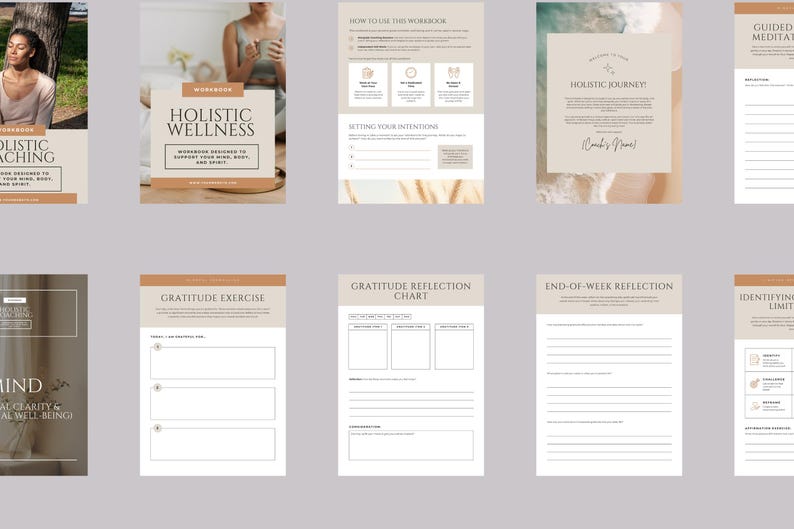May include: A digital printable workbook with a beige background and brown text. The title is "Holistic Wellness" and the subtitle is "Workbook designed to support your mind, body, and spirit".