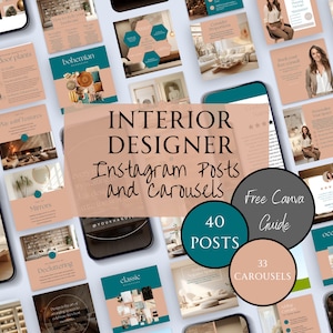 May include: A teal and peach colored digital marketing kit for interior designers. The kit includes 40 Instagram posts and 33 carousels. The text on the image reads "Interior Designer Instagram Posts and Carousels 40 Posts 33 Carousels Free Canva Guide".