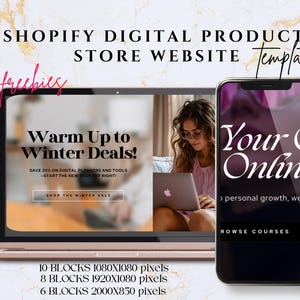 May include: A laptop computer mockup with a website design for a digital product store. The website features a sale on digital planners and tools. The text "Warm Up to Winter Deals!" is displayed on the website. The laptop is on a white surface. A smartphone mockup is next to the laptop. The smartphone features a website design for an online course. The text "Your Course Online" is displayed on the website. The text "> personal growth, we've" is displayed below the text "Your Course Online". The text "ROWSE COURSES" is displayed below the text "> personal growth, we've".
