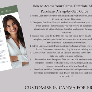 May include: A step-by-step guide on how to access your Canva template after purchase. The guide includes instructions on adding the template to your cart, completing the purchase, receiving a link to the template, setting up a Canva account, accessing the template, personalizing it, and downloading it. The guide also includes the text "CUSTOMISE IN CANVA FOR FREE".