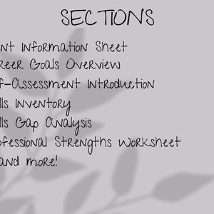 May include: A list of sections for a career development workbook, including "Client Information Sheet", "Career Goals Overview", "Self-Assessment Introduction", "Skills Inventory", "Skills Gap Analysis", "Professional Strengths Worksheet", and "...and more!"