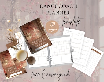 Op de afbeelding: Een printbare planner-sjabloon voor danscoaches, met een bloemenontwerp en de tekst "Dance Coach Season Planner 32 pages".