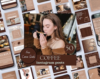 以下が含まれることがあります： コーヒーショップやカフェ向けのソーシャルメディア投稿テンプレート50個のセット。テンプレートは、茶色とベージュのカラーパレットで、コーヒーをテーマにしたイラストとテキストが特徴です。「無料Canvaガイド」、「コーヒーInstagram投稿」、「グランドオープン」、「コーヒーの魅力」、「世界の事実」などのテキストが含まれています。