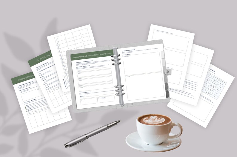 May include: A set of blank worksheets for business planning, including sections for industry research, goal setting, weaknesses and areas for improvement, and competitor analysis. The worksheets are laid out on a gray surface with a cup of coffee and a pen.
