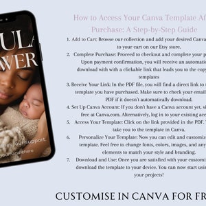 May include: A step-by-step guide on how to access a Canva template after purchase. The guide includes instructions on adding the template to your cart, completing the purchase, receiving a link to the template, setting up a Canva account, accessing the template, personalizing it, and downloading it. The guide also includes the text "DOUL POWER" and "CUSTOMISE IN CANVA FOR FREE".