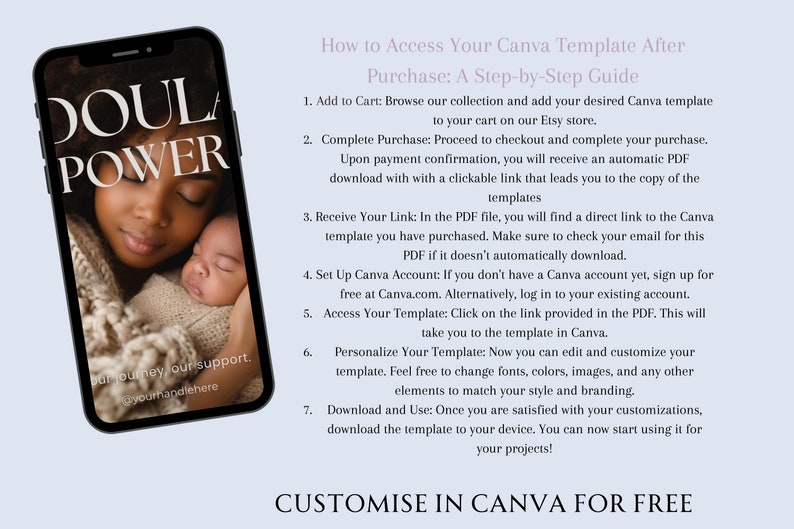 May include: A step-by-step guide on how to access a Canva template after purchase. The guide includes instructions on adding the template to your cart, completing the purchase, receiving a link to the template, setting up a Canva account, accessing the template, personalizing it, and downloading it. The guide also includes the text "DOUL POWER" and "CUSTOMISE IN CANVA FOR FREE".