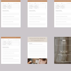 May include: A printable workbook with the title "Body: Physical Health & Wellness" and the text "The Self-Care Coaching Workbook" in a brown frame. The workbook includes a body check, visualization exercise, and other worksheets.