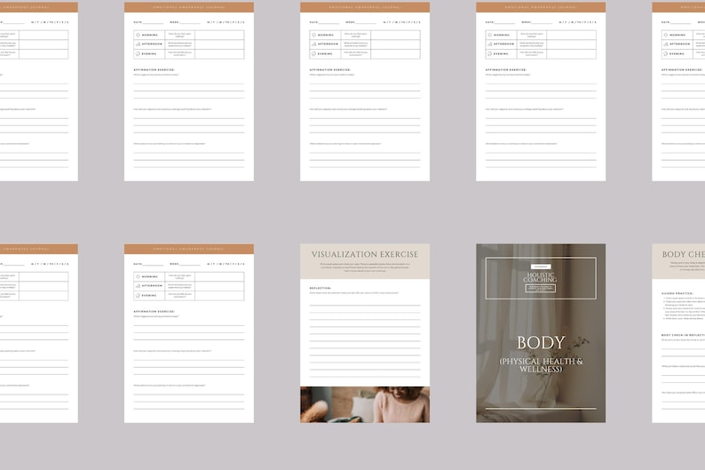 May include: A printable workbook with the title "Body: Physical Health & Wellness" and the text "The Self-Care Coaching Workbook" in a brown frame. The workbook includes a body check, visualization exercise, and other worksheets.
