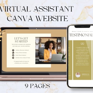 May include: A digital marketing graphic with the text "Virtual Assistant Canva Website." The image shows a laptop and a smartphone displaying website mockups. A gold vase with flowers is on the left. The laptop screen shows a woman working on a laptop.