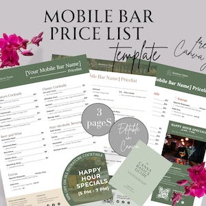 May include: A printable mobile bar price list template with a green and white colour scheme. The template includes sections for signature cocktails, classic cocktails, non-alcoholic beverages, beer and wine, and extras. It also includes a happy hour specials section. The template is editable in Canva and includes a free Canva basics guide.