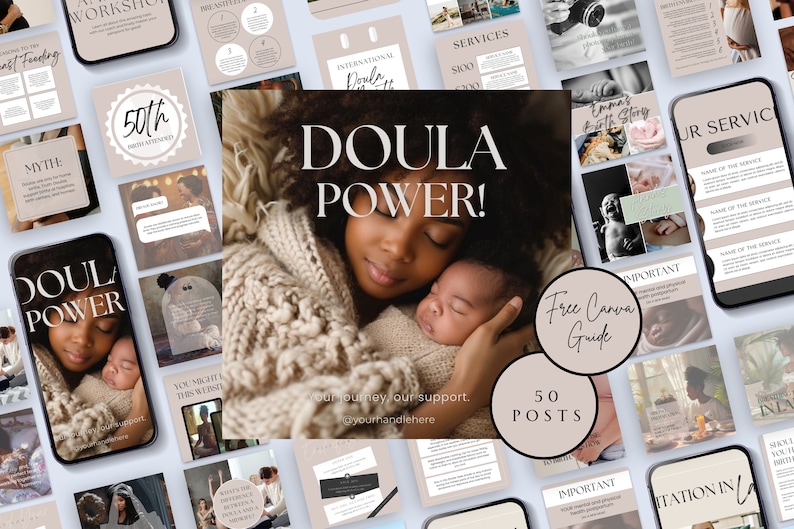 May include: A collection of social media post templates for doulas. The templates feature a variety of images and text, including a photo of a mother and baby, a quote about the importance of doulas, and a list of services offered by a doula. The templates are designed to be used on Instagram and other social media platforms.