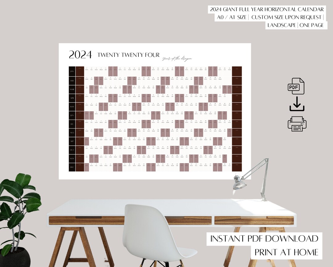 Giant 2024 Wall Calendar Big Burgundy Wall Planner Horizontal / Minimalistic 2024 Wall Planner