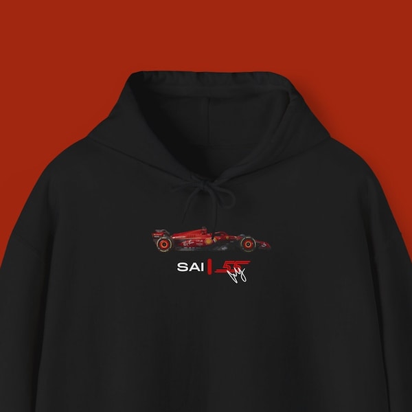 Sainz hoodie with car, carlos sainz number, f1 ferrari fan hoodie, sainz gift idea, real ferrari f1 car sweatshirt, Sainz Signature