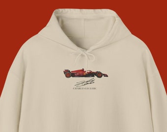 sweat à capuche leclerc avec voiture, signature charles leclerc, sweat à capuche fan f1 ferrari, idée cadeau leclerc, vrai sweat-shirt de voiture ferrari f1