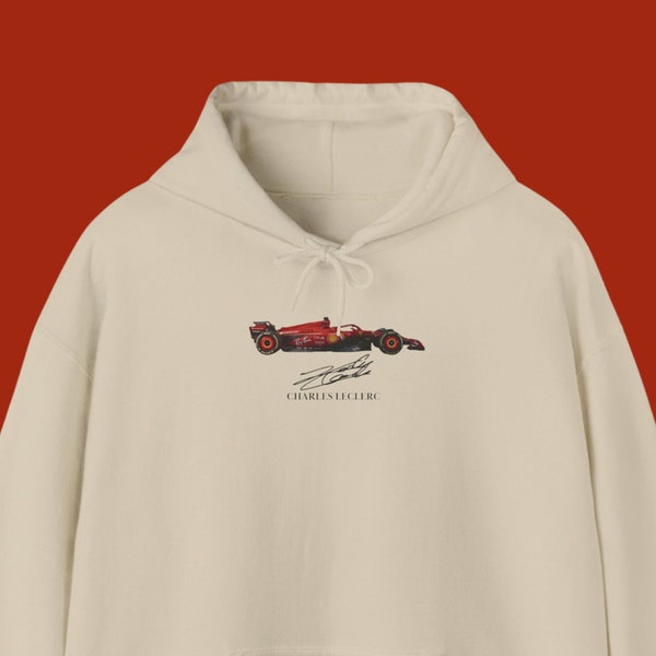 sweat à capuche leclerc avec voiture, signature charles leclerc, sweat à capuche fan f1 ferrari, idée cadeau leclerc, vrai sweat-shirt de voiture ferrari f1