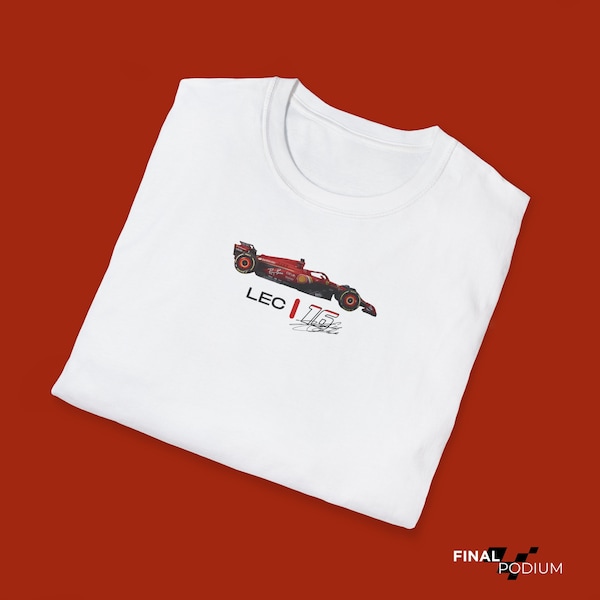 T-shirt Leclerc con auto, maglietta con numero Leclerc F1, maglietta fan F1 Ferrari, idea regalo Leclerc, vera maglietta per auto Ferrari F1, firma Leclerc