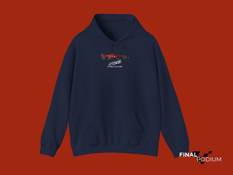 sweat à capuche leclerc avec voiture, signature charles leclerc, sweat à capuche fan f1 ferrari, idée cadeau leclerc, vrai sweat-shirt de voiture ferrari f1 Navy