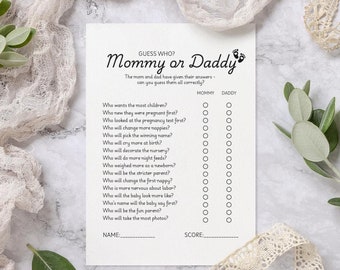Puede incluir: Un juego imprimible para un baby shower, titulado "¿Mamá o Papá?" con una lista de preguntas sobre los futuros padres y un espacio para que los invitados puedan marcar sus respuestas. El juego está diseñado para ser jugado por los invitados en un baby shower.