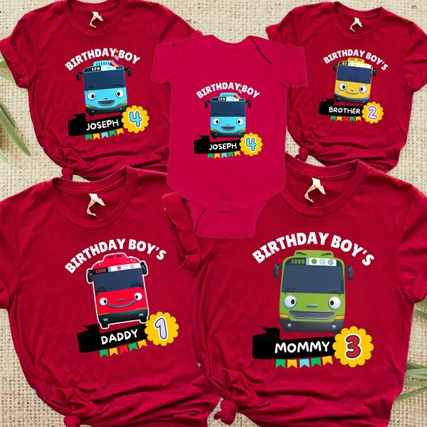 Chemises d'anniversaire bleues personnalisées pour enfants, assorties à une tenue d'anniversaire de famille pour garçon, tenue verte rouge jaune, roues d'autobus scolaire sur le bus, tenue ronde