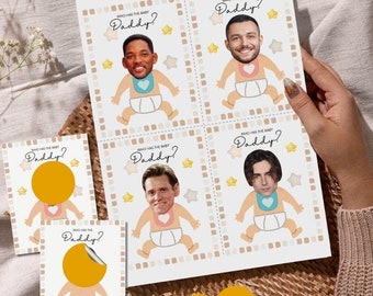 Peut inclure: Cartes de jeu pour une baby shower avec le texte "Who Has The Baby Daddy ?" avec des visages de célébrités. Les cartes ont un motif de bébé et des étoiles. Certaines cartes ont un cercle à gratter. Deux cercles à gratter supplémentaires sont également visibles.