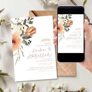 May include: A wedding invitation with a floral design in shades of peach, orange, and green. The invitation features the names "Laiba & Abdullah" and the date "27106124".