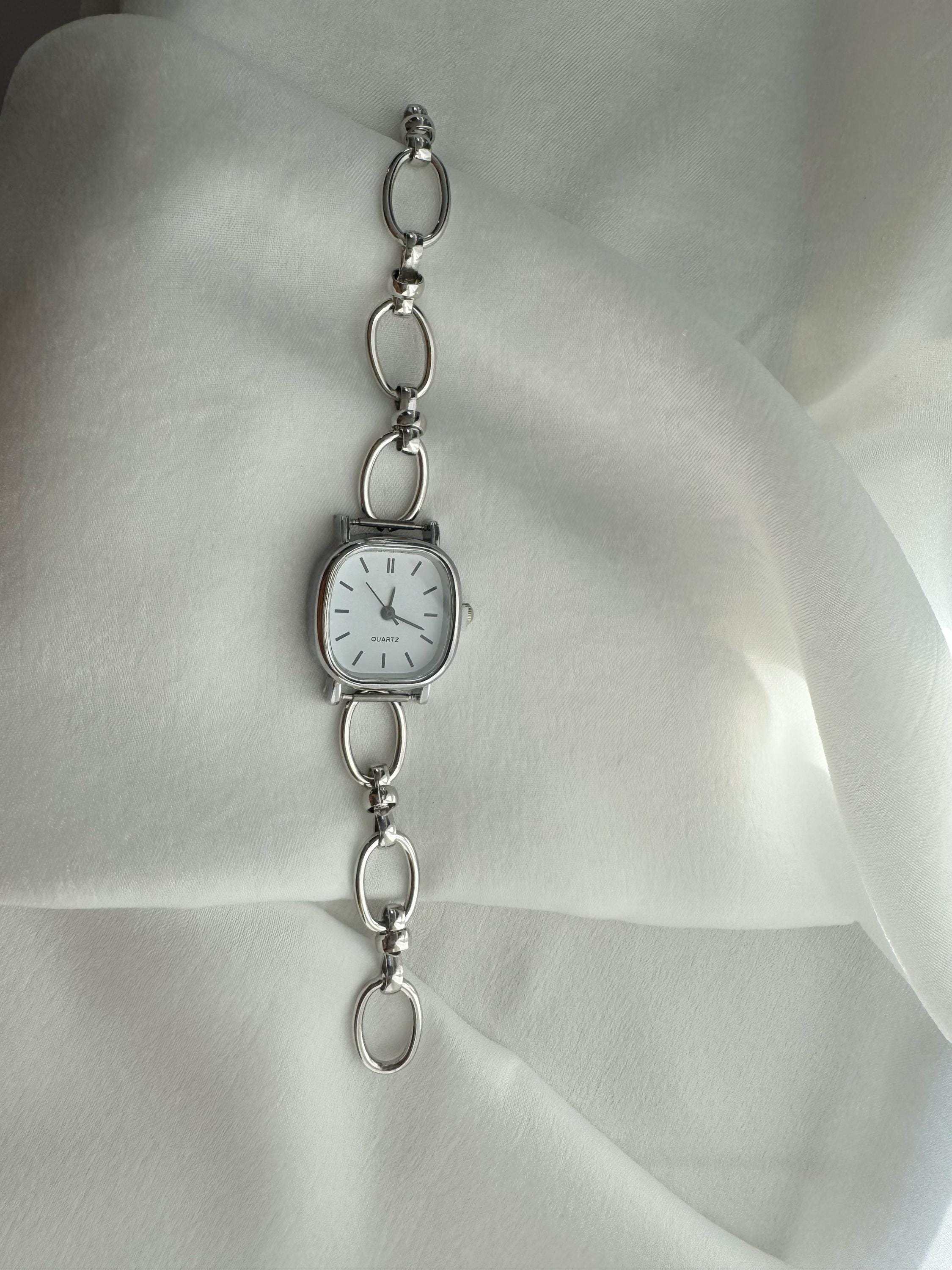 Punk Watch Bracelet | Black & White Y2k Clock Bracelet | Floral Charms Pendent Bracelet | Vintage Women Watch Sliver Chain,Personalized Gift