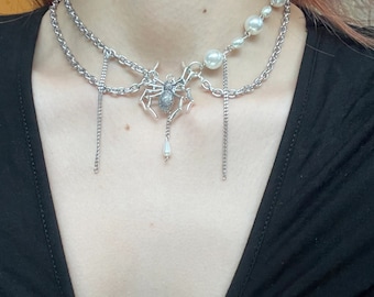 Spider chain necklace,pearl sliver necklace,layered chain necklace,y2k jewelry,grunge neckalce,cool necklace,emo necklace,gift for her