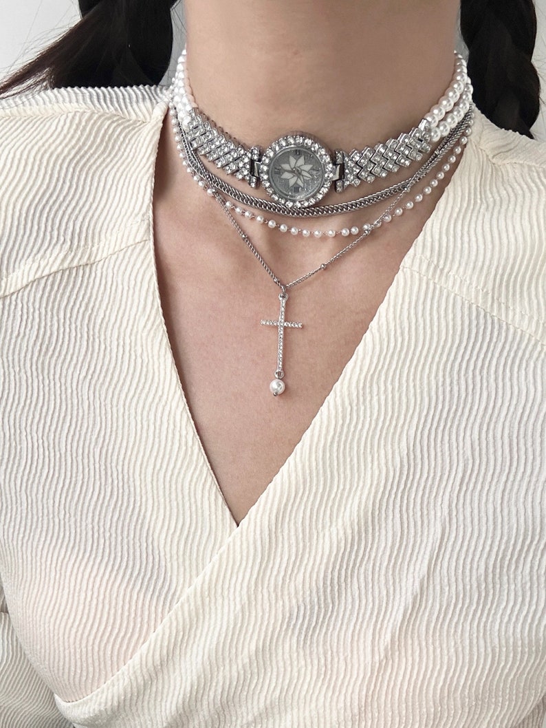 Diamond Watch Necklace,multilayer Clock Necklace,pearl Necklace,grunge